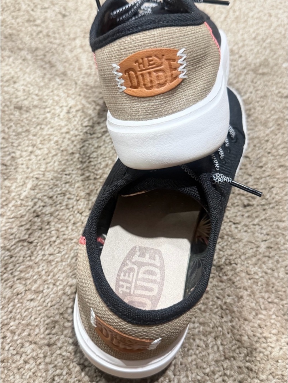 Hey Dude Black Canvas Sneakers with Tan Heel Patch and White Soles - Picture 5 of 5